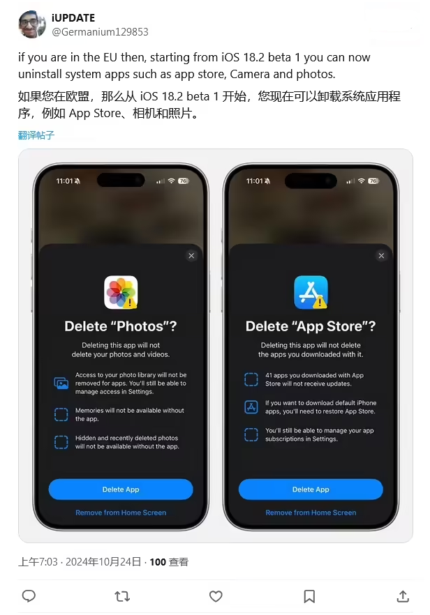 洋浦经济开发区苹果手机维修分享iOS 18.2 支持删除 App Store 应用商店 