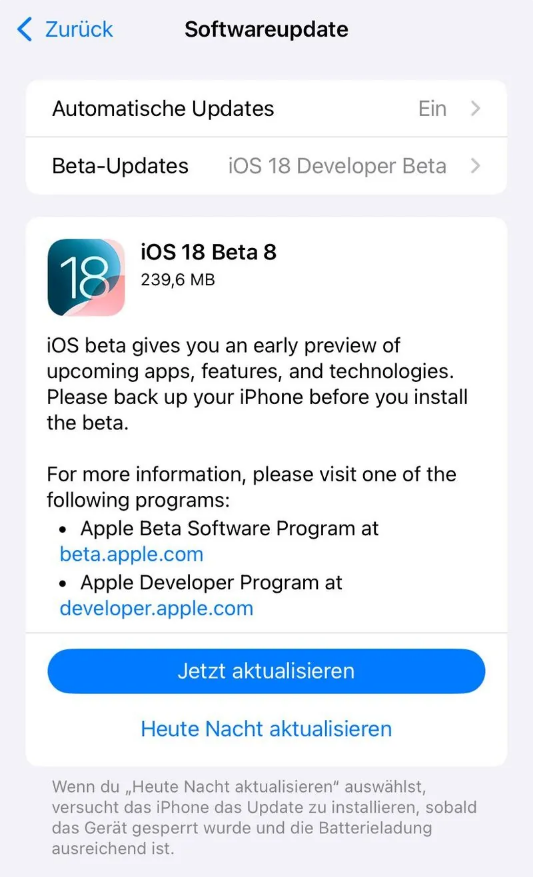 洋浦经济开发区苹果手机维修分享苹果 iOS / iPadOS 18 开发者预览版 Beta 8 发布 